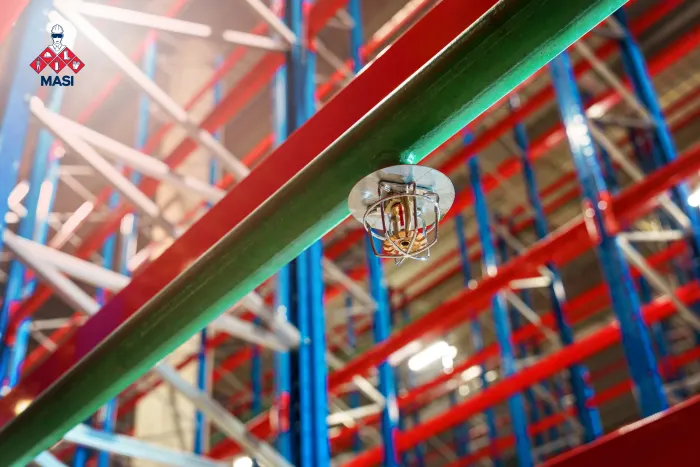 Fotografía de una red de tuberías rojas con rociadores y sensores inteligentes de detección de calor para una mayor seguridad industrial