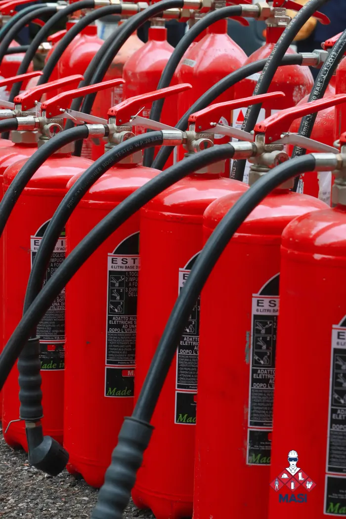 Toma visual de una estación de servicio con extintores recién cargados, etiquetados y con sus precintos de seguridad vigentes para seguridad industrial